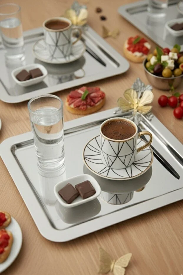 JASPER 6 Lı Paslanmaz Çelik Kare Model 6 Lı Kahve Tepsisi Kelebek Aksesuarlı Lüx Sunum